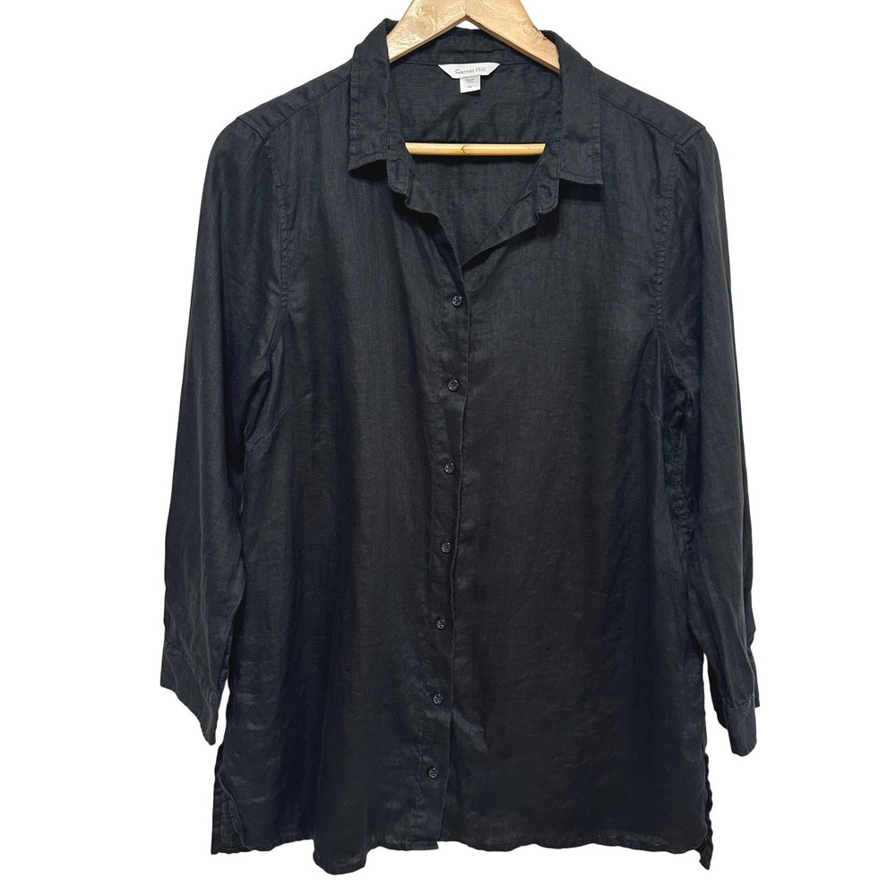 Garnet Hill 100% Linen Button Down Shirt Women PL Black Long Sleeve Tunic Resort